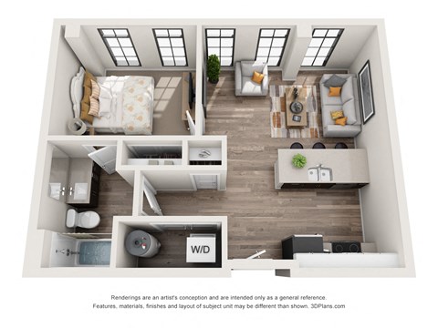 1 bed 1 bath floor plan K at 1400 Russell Apartments, Saint Louis, MO, 63104