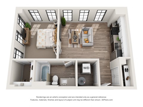 1 bed 1 bath floor plan L at 1400 Russell Apartments, Saint Louis, MO