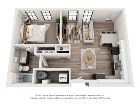 1 bed 1 bath floor plan M at 1400 Russell Apartments, Saint Louis, 63104