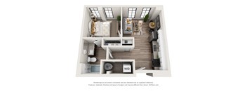 1 bed 1 bath floor plan O at 1400 Russell Apartments, Saint Louis