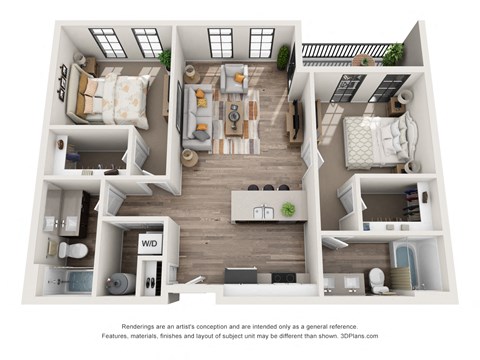 2 bed 2 bath floor planat 1400 Russell Apartments, Missouri, 63104