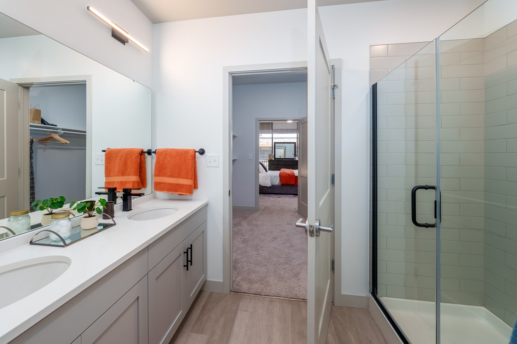 A bathroom with a walk-in shower and a vanity with two sinks.