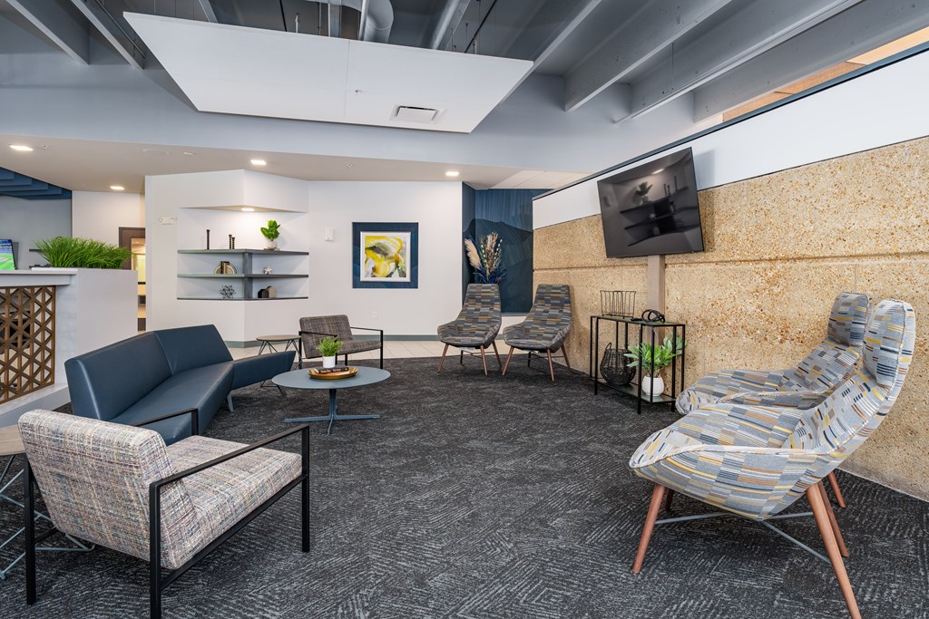A modern living room with a grey carpet and a stone patterned chair.