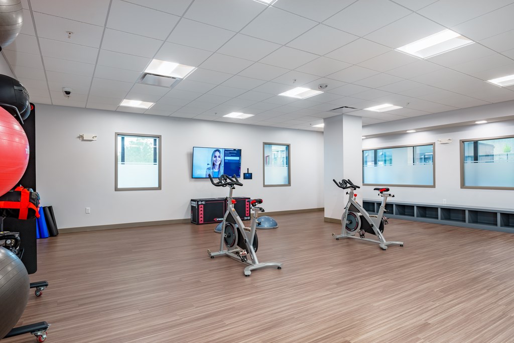 A gym with exercise bikes and a television.