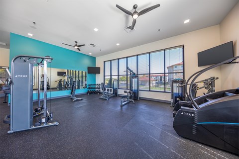 A gym with a variety of equipment including a treadmill, weights, and a television.