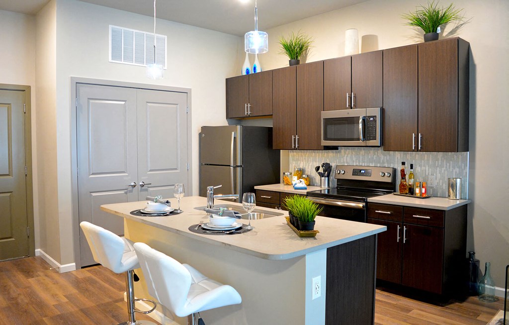 Kitchen with cabinets, appliances at 5300 Centre, St. Peters, MO, 63376