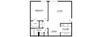 A black and white image of a floor plan for a small apartment.
