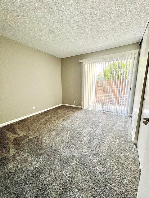 a bedroom with a large window and a carpeted floor