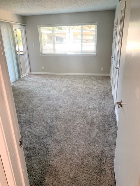 an empty room with a carpeted floor and a window