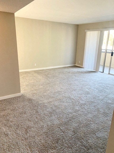 an empty living room with carpet and a sliding glass door