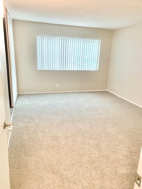 an empty room with a window and a carpeted floor