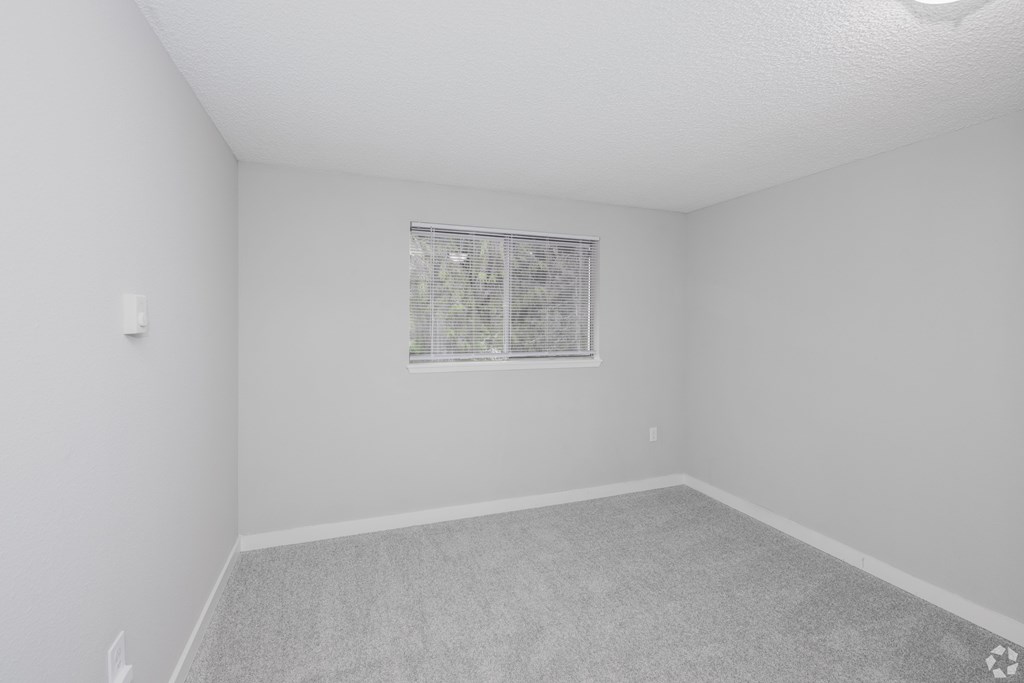 A room with a window and carpeted floor.