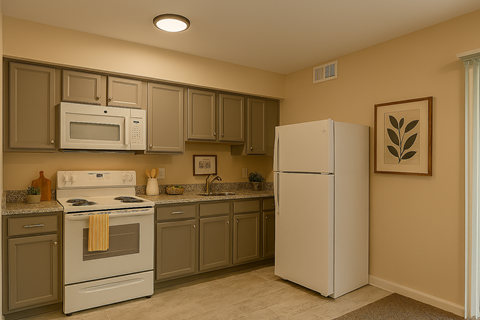 A kitchen with a white refrigerator and a white stove with a yellow towel on it.