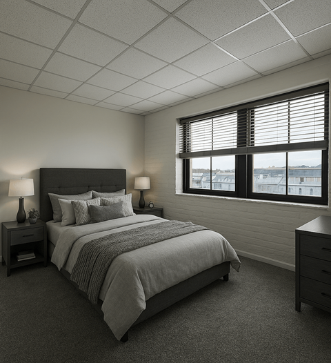 A bedroom with a large bed and a window with blinds.