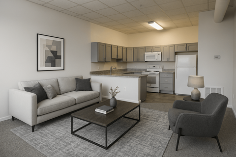A living room with a couch, chair, and coffee table.