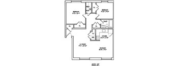 A floor plan of a 833 square feet home with two bedrooms, a living room, a kitchen, a dining room, and a bathroom.