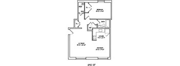 A floor plan of a 690 square foot home with a living room, dining room, kitchen, bedroom, and bathroom.