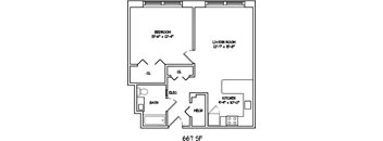 A floor plan of a 667 square foot home with a bedroom, living/dining room, kitchen, bath, and two closets.