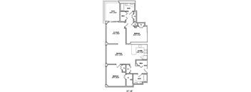 A floor plan of a house with a living room, dining room, kitchen, and bedrooms.