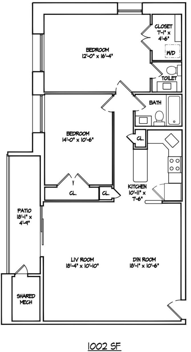 A floor plan of a 1002 square foot home.