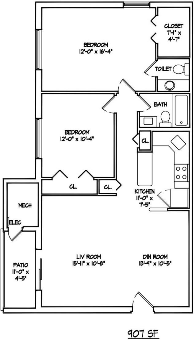 A floor plan of a 907 square foot home with a bedroom, bathroom, kitchen, living room, dining room, and patio.