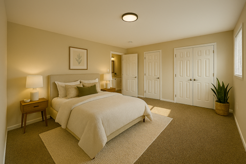 A bedroom with a large bed and a carpeted floor.