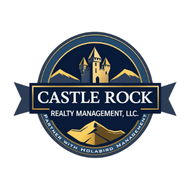 The image is a logo for Castle Rock Realty Management, LLC, featuring a castle and mountains.