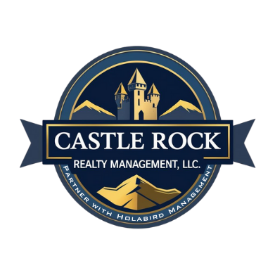 The image is a logo for Castle Rock Realty Management, LLC, featuring a castle and mountains.