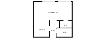 A floor plan of a small apartment with a living room, kitchen, bathroom, and a foyer.