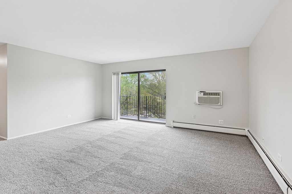 A room with a grey carpet and a sliding glass door.