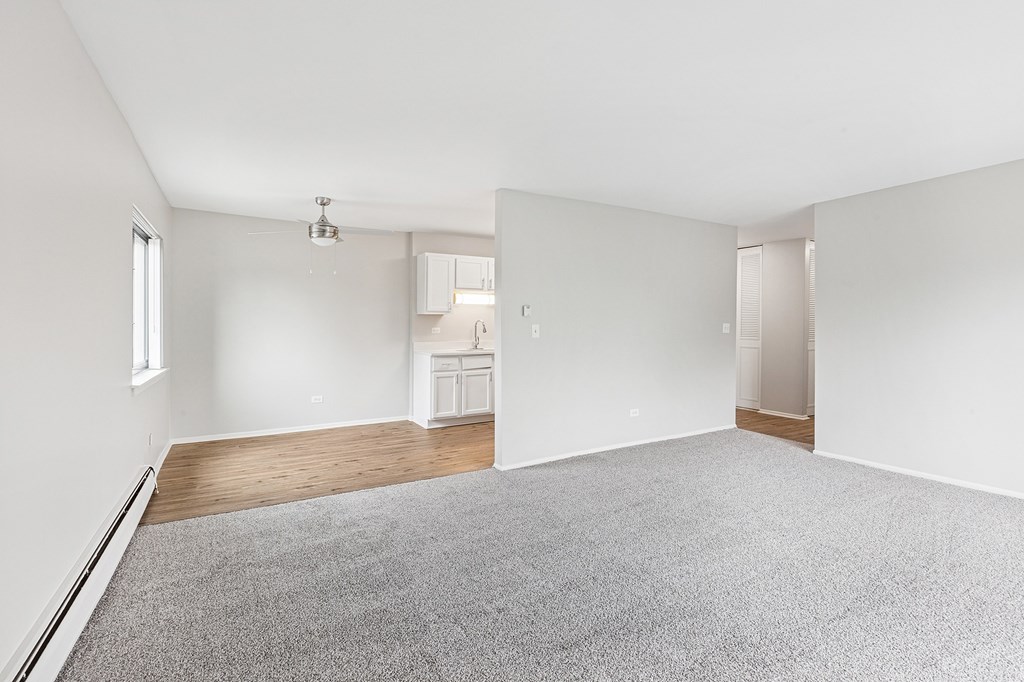 Living room with a grey carpet and white walls and kitchen on the far end