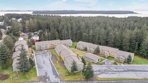 A large building complex surrounded by trees.