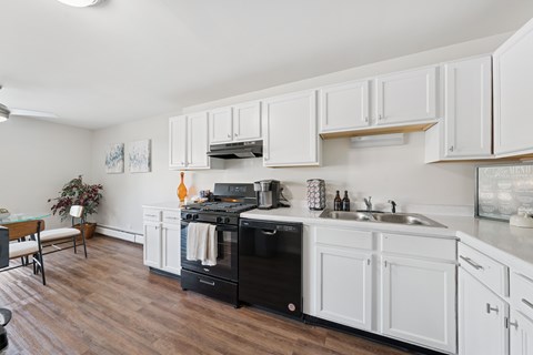 A kitchen with white cabinets and a black dishwasher.
