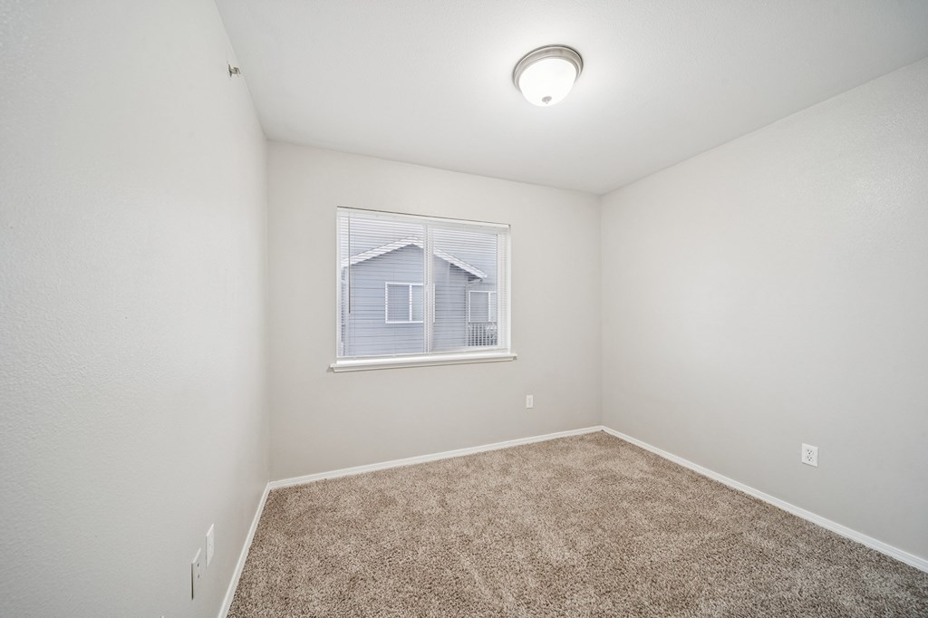 A room with a carpeted floor and a window.