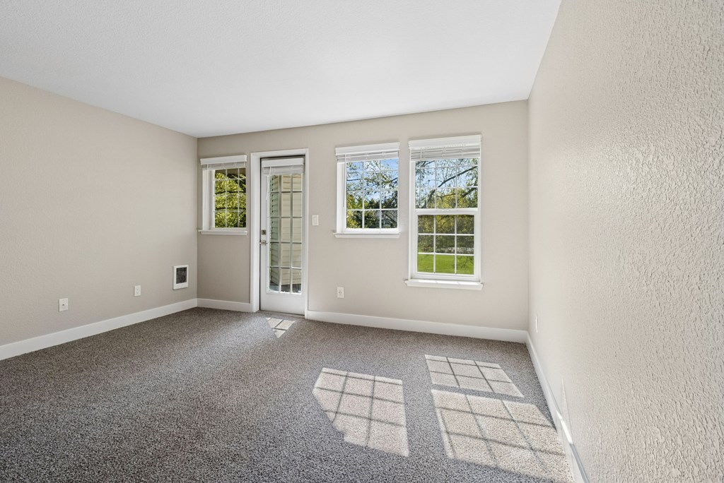 A room with a carpeted floor and a window showing a green lawn outside.