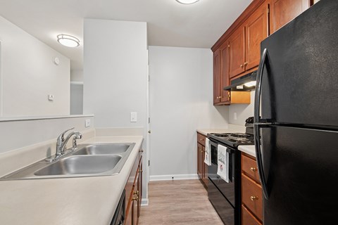 A kitchen with a black refrigerator and a white sink.