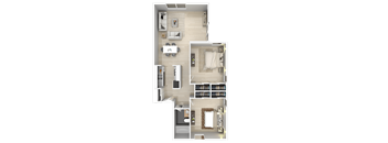 2 bedroom 1 bath floor plan at River Lofts Apartments, Oregon