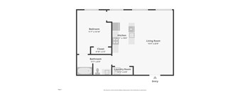 A floor plan of a small apartment with a living room, kitchen, bathroom, bedroom, closet, and laundry room.