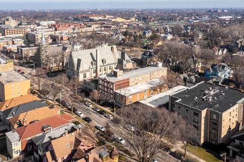 A cityscape with buildings and roads at Pleasant Oak Apartments, Oak Park, IL