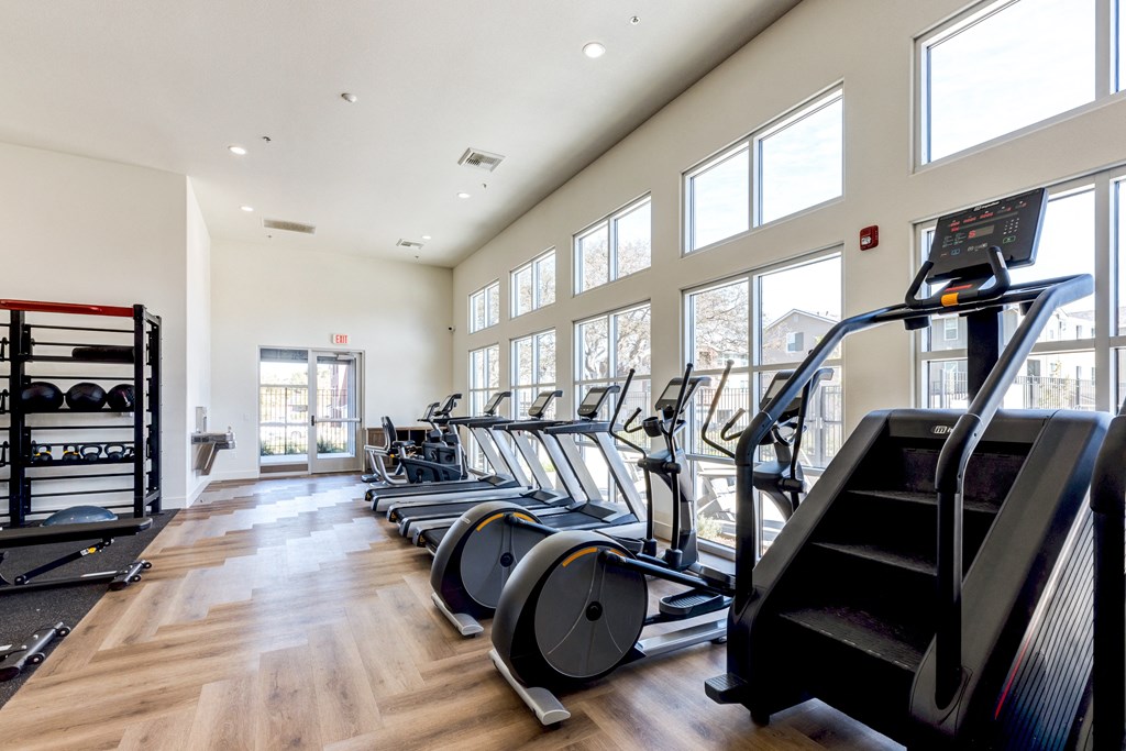 A gym with treadmills, elliptical machines, and a weight rack.