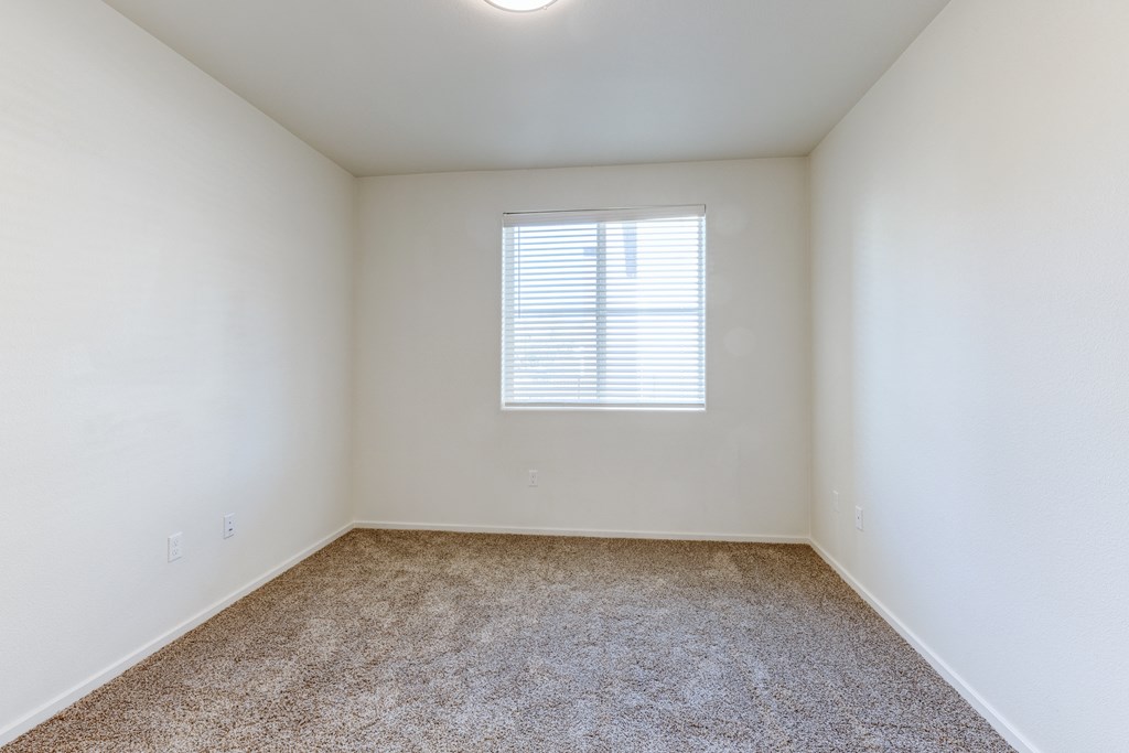 A room with a carpeted floor and a window with blinds.