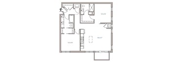 A floor plan of a house with a kitchen, living room, and bathroom.