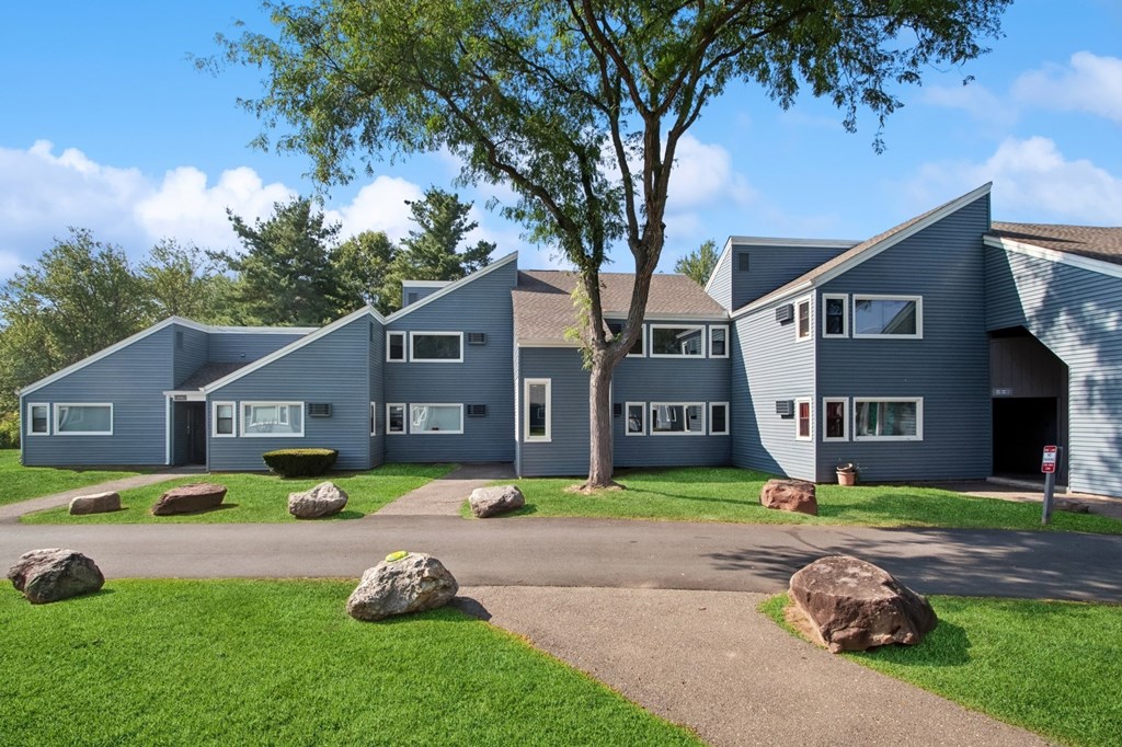 A row of houses with a tree in front of them.