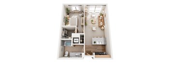 A top-down view of a small apartment with a kitchen, living room, and bathroom.