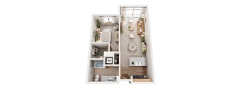 A top-down view of a small apartment with a kitchen, living room, and bathroom.