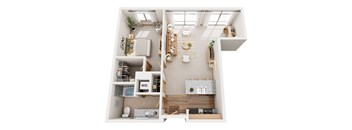 A top-down view of a small apartment with a kitchen, living room, and bathroom.