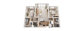A top-down view of a small apartment with a kitchen, living room, and bedroom.