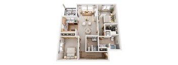 A top-down view of a small apartment layout with a living room, kitchen, and bathroom.
