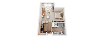 A floor plan of a small apartment with a living room, kitchen, and bathroom.