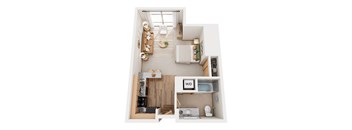 A top-down view of a small apartment with a living room, kitchen, and bathroom.